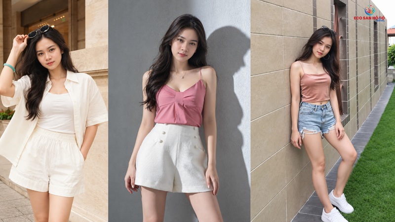 Gợi ý mặc áo hai dây phối với quần short cho nữ khi đi du lịch Phú Quốc