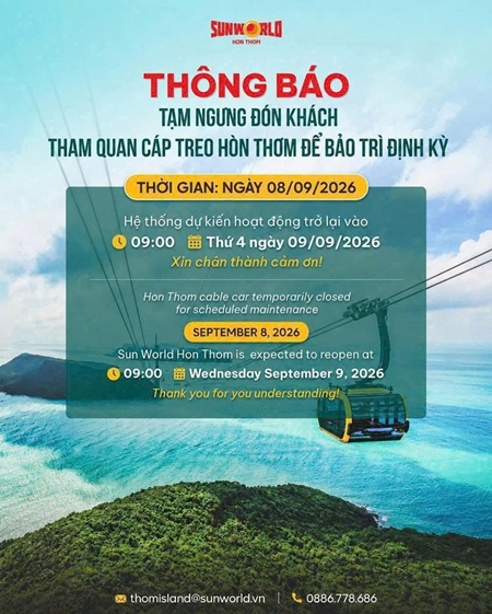 cáp treo hòn thơm tạm ngưng hoạt động mới nhất 8-9-2026