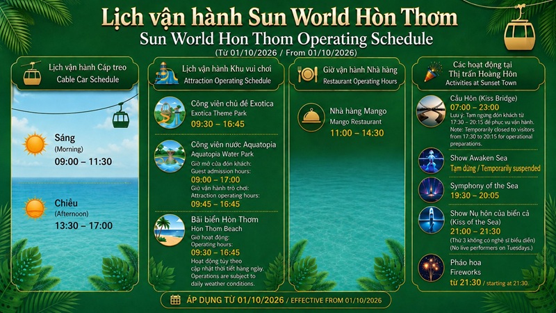 Thông báo về lịch vận hành cáp treo Phú Quốc mới nhất từ tháng 10/2026
